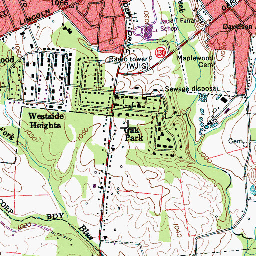 Topographic Map of Oak Park, TN