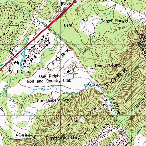 Topographic Map of Oak Ridge Golf and Country Club, TN