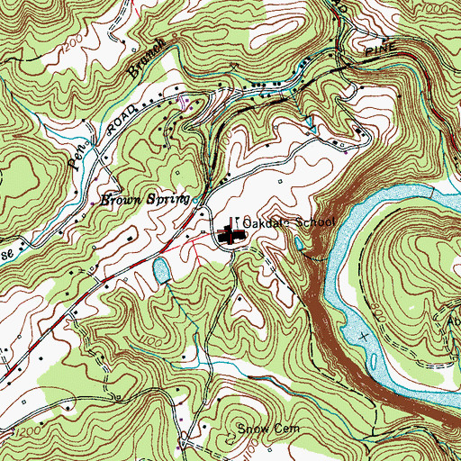 Topographic Map of Oakdale School, TN