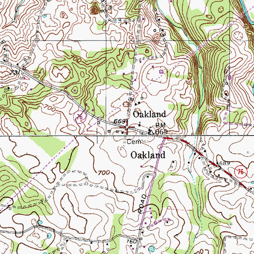 Topographic Map of Oakland, TN