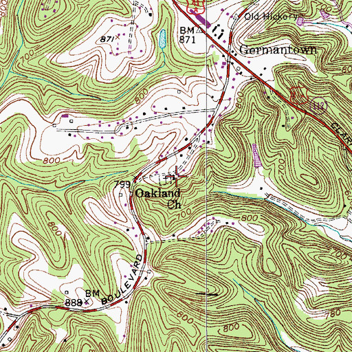 Topographic Map of Oakland Church, TN