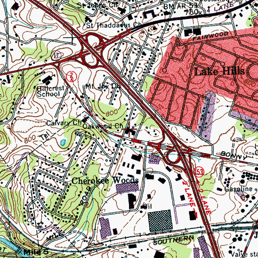 Topographic Map of Oakwood Church, TN