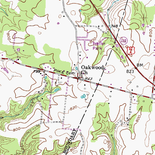 Topographic Map of Oakwood Church, TN