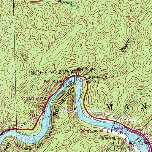 Topographic Map of Ocoee Number Two Dam, TN
