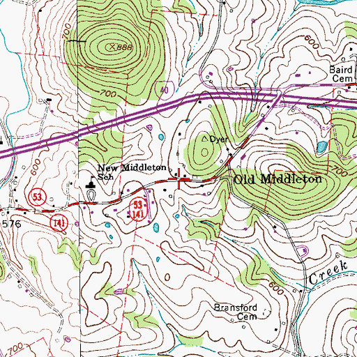 Topographic Map of Old Middleton, TN