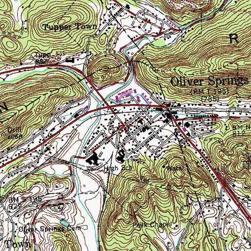 Topographic Map of Oliver Springs, TN