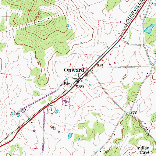 Topographic Map of Onward, TN