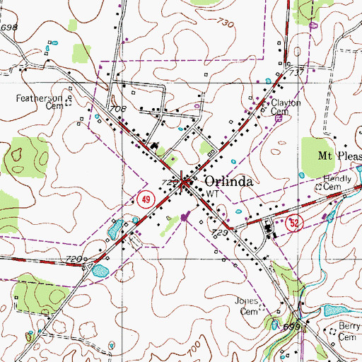 Topographic Map of Orlinda, TN