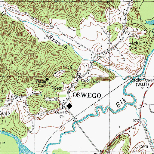Topographic Map of Oswego School, TN
