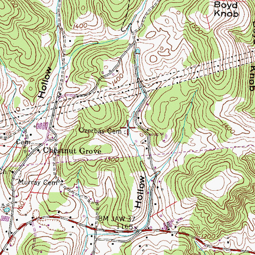 Topographic Map of Overbay Cemetery, TN
