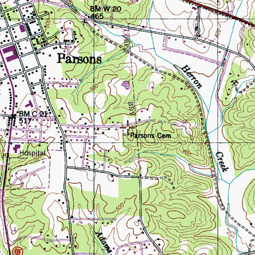 Topographic Map of Parsons Cemetery, TN