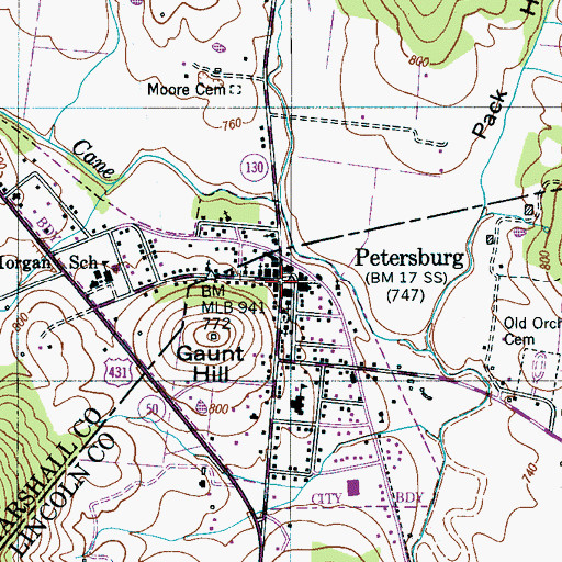 Topographic Map of Petersburg, TN