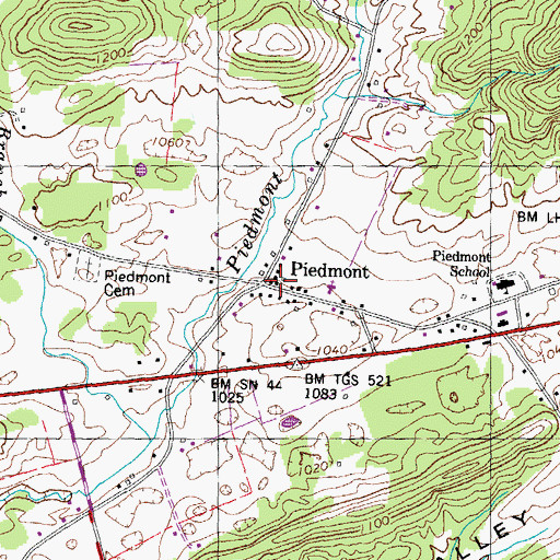 Topographic Map of Piedmont, TN