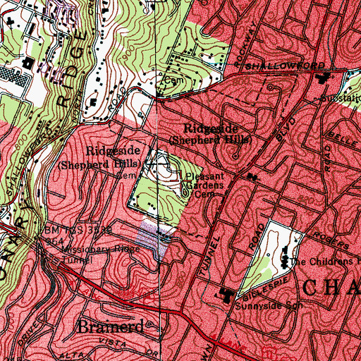 Topographic Map of Pleasant Gardens Cemetery, TN