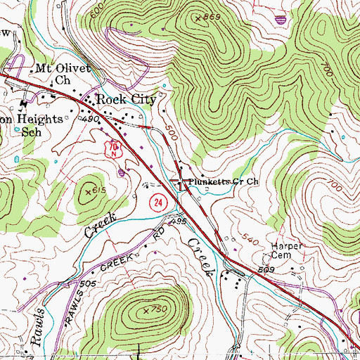 Topographic Map of Plunketts Creek Church, TN