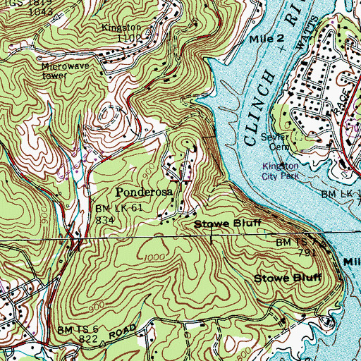 Topographic Map of Ponderosa, TN