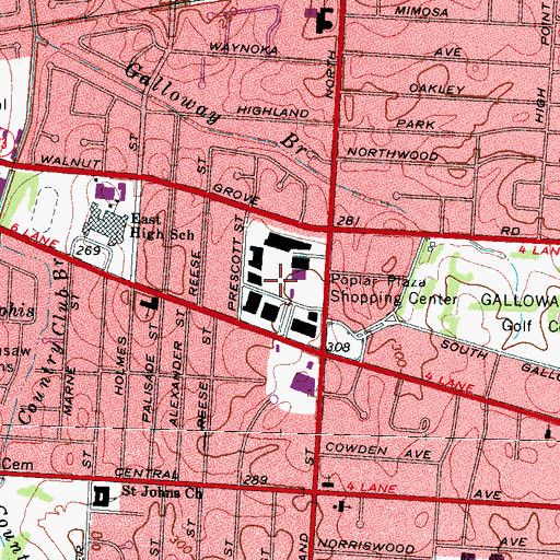 Topographic Map of Poplar Plaza Shopping Center, TN