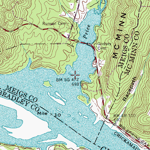 Topographic Map of Price Creek, TN