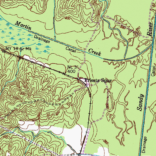 Topographic Map of Priests Spur, TN