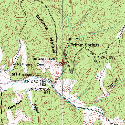 Topographic Map of Primm Springs, TN