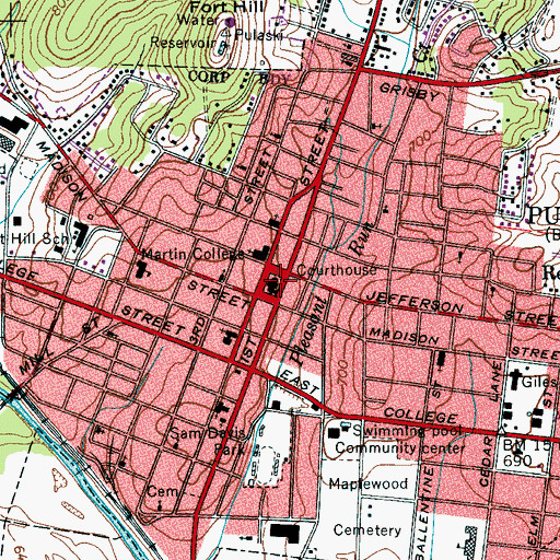 Topographic Map of Pulaski, TN