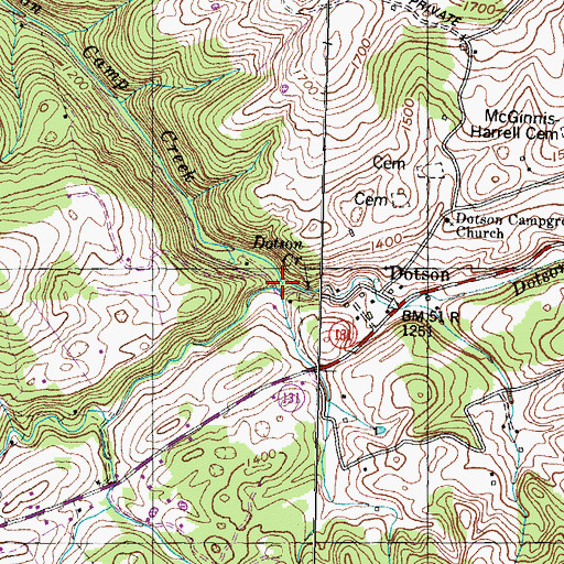 Topographic Map of Puncheon Camp Creek, TN