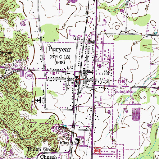 Topographic Map of Puryear, TN