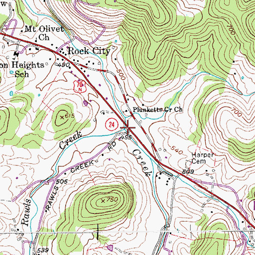 Topographic Map of Rawls Creek, TN