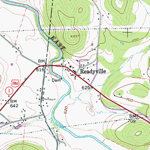 Topographic Map of Readyville, TN