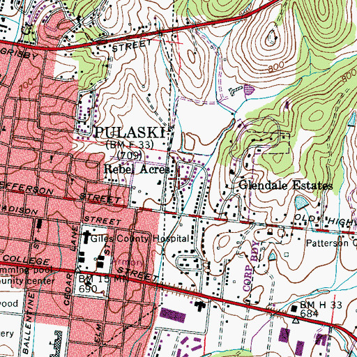 Topographic Map of Rebel Acres, TN