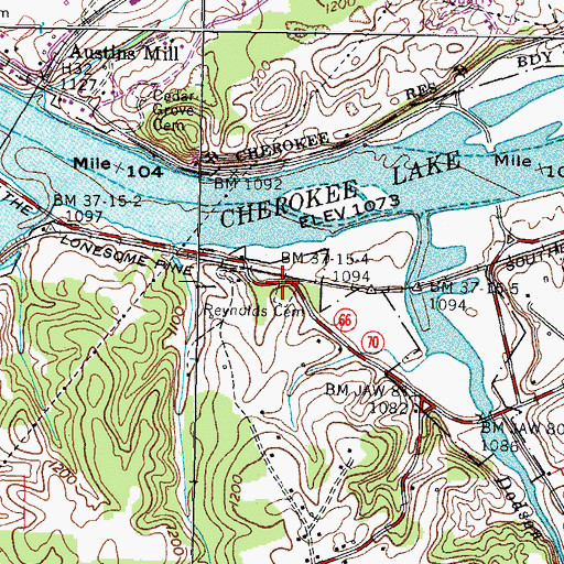 Topographic Map of Reynolds Cemetery, TN