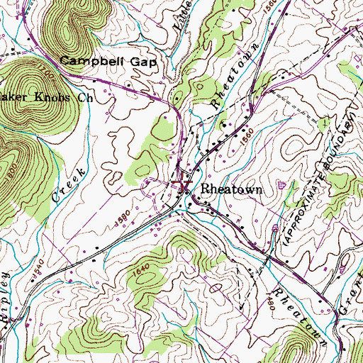 Topographic Map of Rheatown, TN
