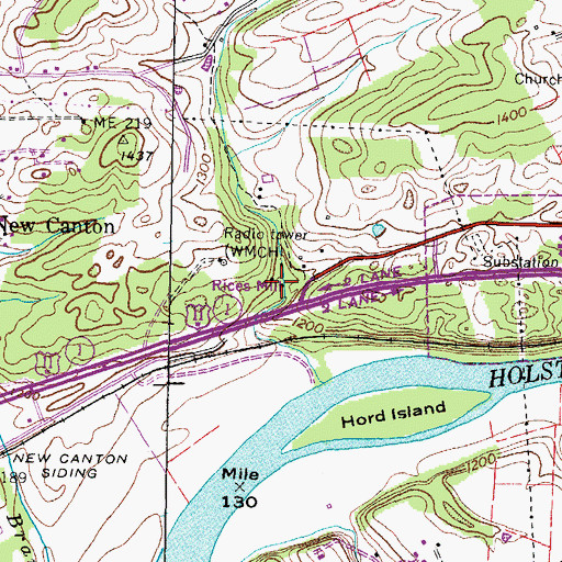 Topographic Map of Rices Mill, TN