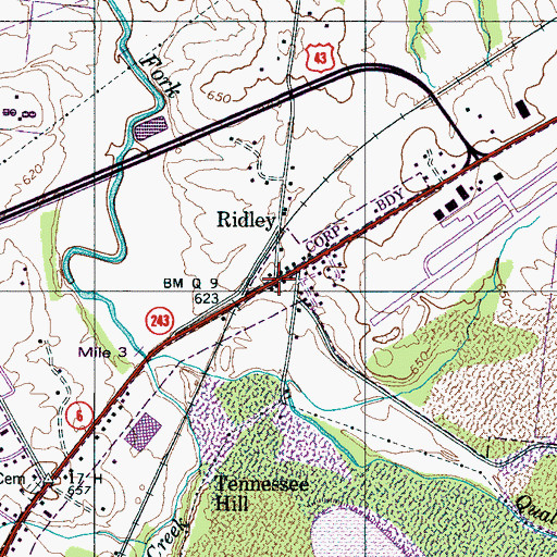 Topographic Map of Ridley, TN