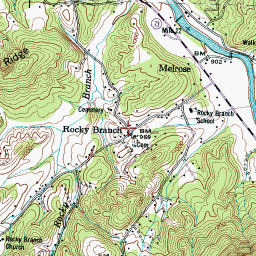 Topographic Map of Rocky Branch, TN