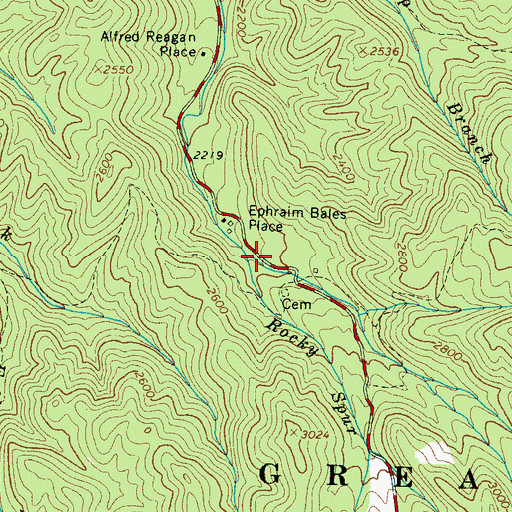 Topographic Map of Rocky Spur Branch, TN