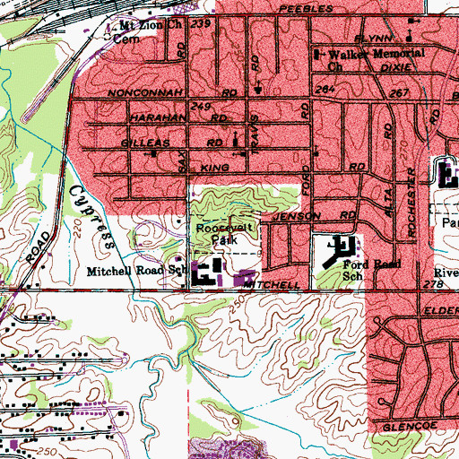 Topographic Map of Roosevelt Park, TN