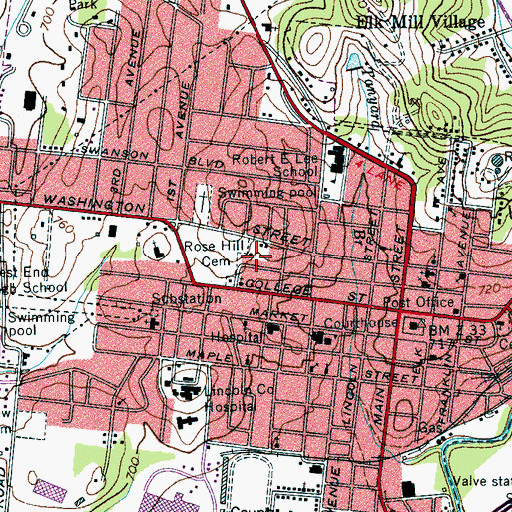 Topographic Map of Rose Hill Cemetery, TN