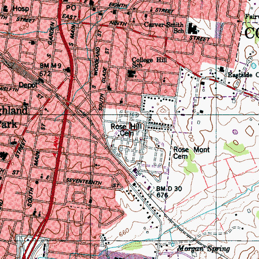 Topographic Map of Rose Hill Cemetery, TN