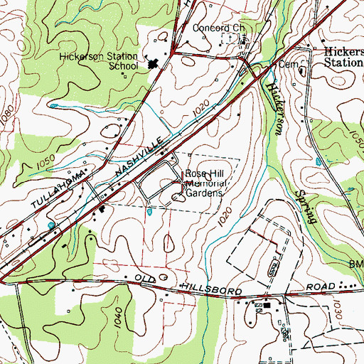 Topographic Map of Rose Hill Memorial Gardens, TN
