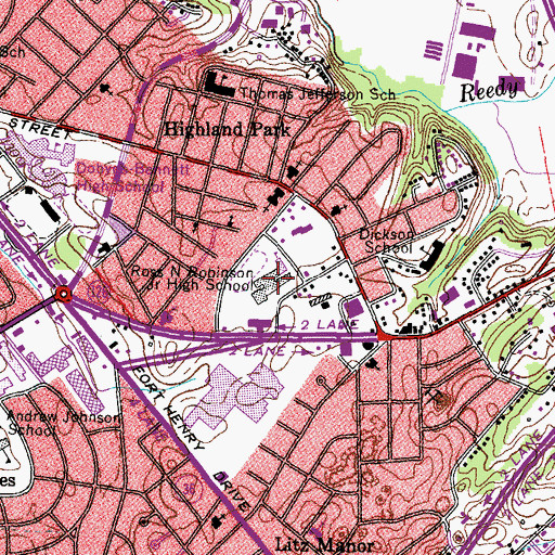 Topographic Map of Ross N Robinson Junior High School, TN