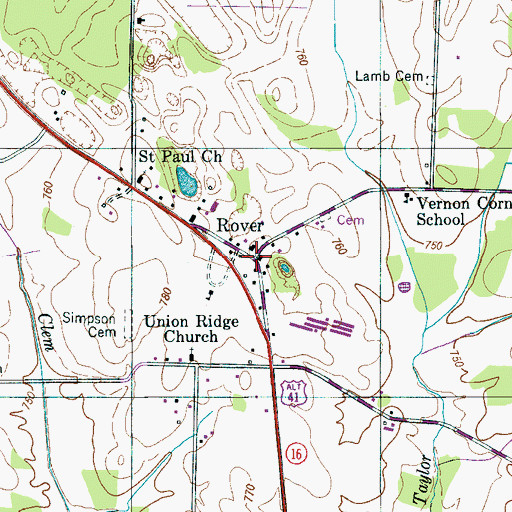 Topographic Map of Rover, TN