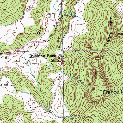 Topographic Map of Rushing Springs School, TN