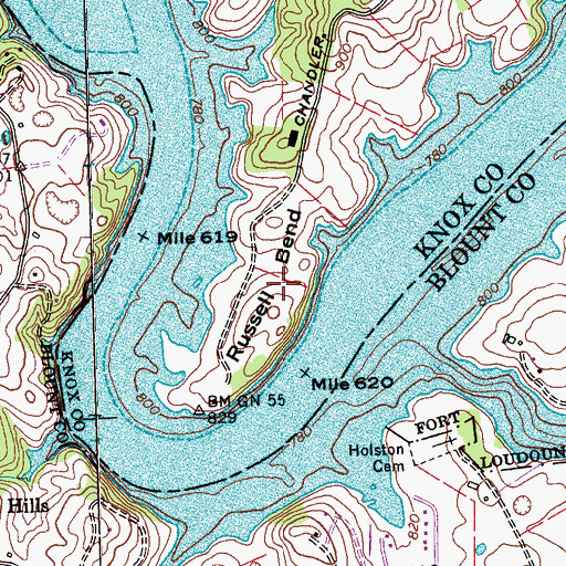 Topographic Map of Russell Bend, TN