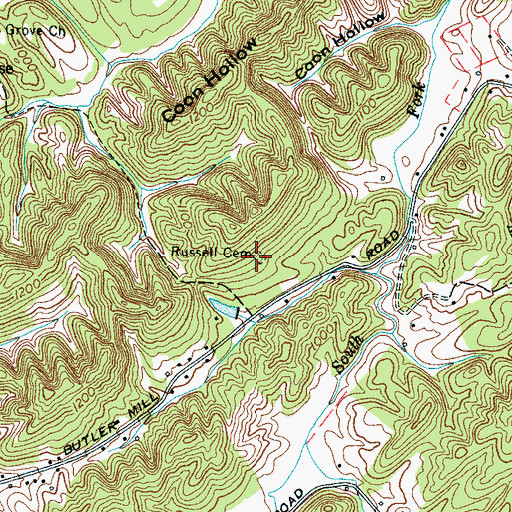 Topographic Map of Russell Cemetery, TN