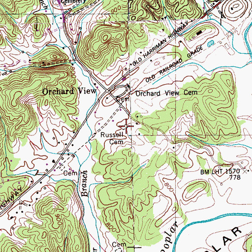 Topographic Map of Russell Cemetery, TN