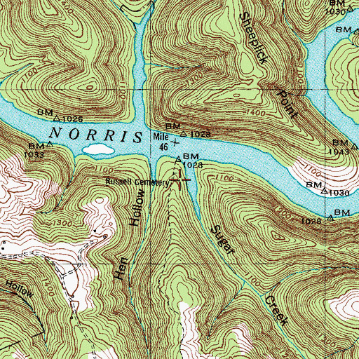 Topographic Map of Russell Cemetery, TN
