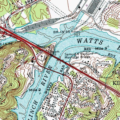 Topographic Map of Samuel Rayburn Memorial Bridge, TN