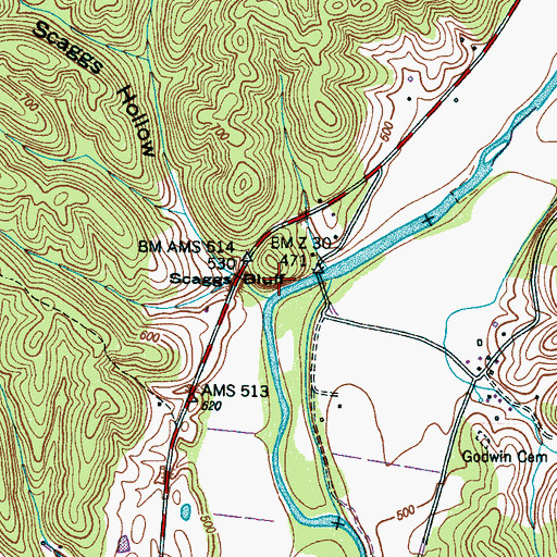 Topographic Map of Scaggs Bluff, TN
