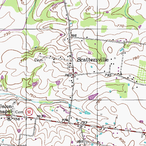 Topographic Map of Scattersville, TN